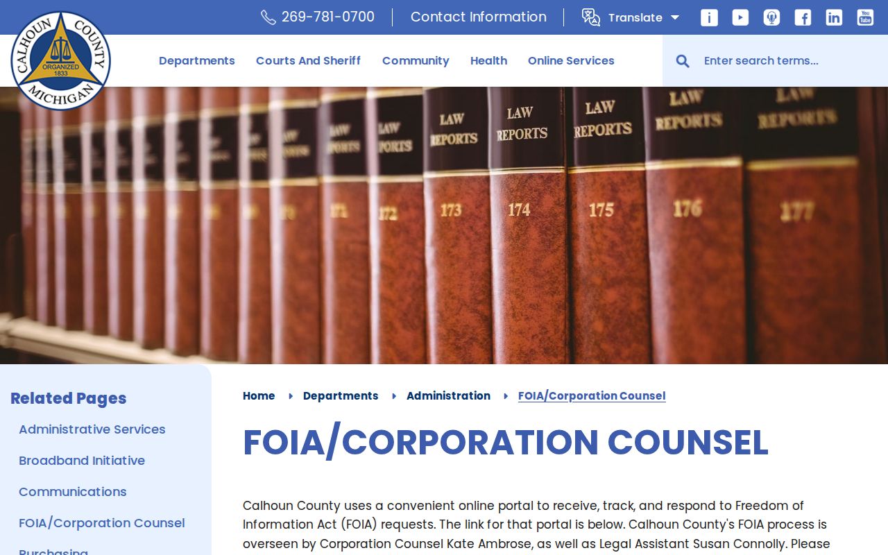 Calhoun County Correctional Facility release record and FOIA routing page