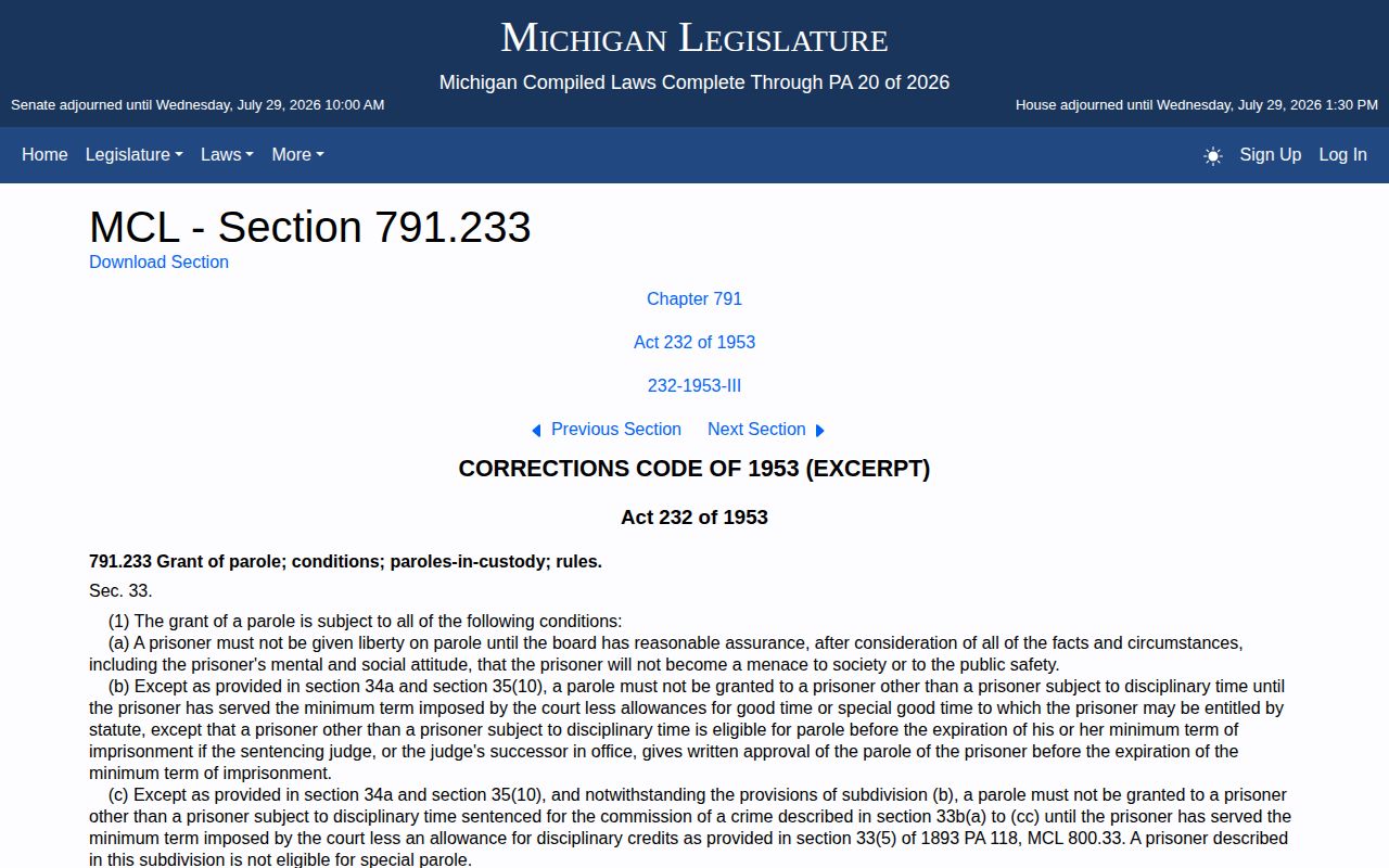 Michigan parole law for a Calhoun County projected release date lookup