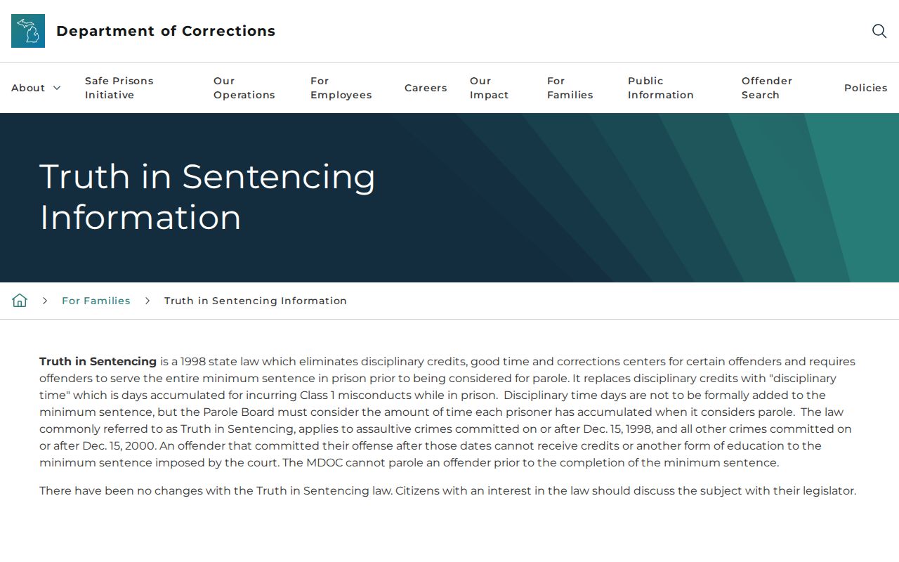Michigan truth-in-sentencing rules for Calhoun County projected release dates
